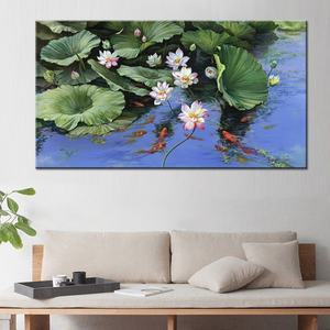 Pintura al Óleo sobre Lienzo Pintada a Mano con Estilo Chino de Flor de Loto para Decoración de Paredes - Product Image 6