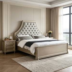 Premium <b>Queen</b> <b>Size</b> Champagne Finish <b>Bed</b> With Grey Diamond Tufted Nailhead Tall Arched Upholstered Headboard For Luxury Bedroom - Product Image 1