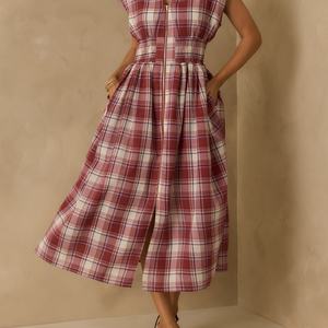 Vestido Midi Casual Vintage con Cuello en V y Lazos para Mujer, sin Mangas, Estilo Imperio, a Cuadros y con Encaje - Product Image 2