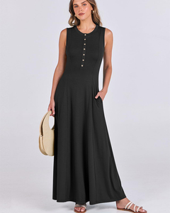 Robe longue sans manches pour femme 2025 Couleur unie Col boutonné Décontractée Ample avec poches Été Plage Fête Port quotidien - Product Image 6