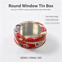 Boîte en étain ronde de qualité alimentaire avec fenêtre, matériaux recyclés, logo personnalisé pour l'emballage de grands cadeaux, bonbons, chocolats, biscuits, en-cas