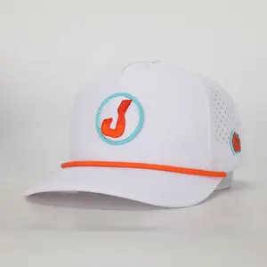 BSCI卸売カスタムデザインOemロープ5パネルスポーツお父さん帽子、刺Embroideryロゴホワイトポリエステルゴラス、レーザーカットホール野球帽