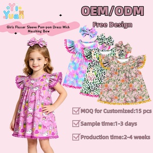 Conjunto de Vestido de Manga Corta con Pompones para Niñas Pequeñas, Lazo para el Cabello a Juego, Estampado Completo, Ropa Casual de Verano para Niños - Product Image 1