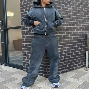 Custom Street Vintage Acid Wash 100% Cotton Hoodie Sets <b>Rhinestone</b> Streetwear Tracksuit For Men - Product Image 4