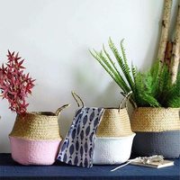 Panier de rangement pour linge tissé à la main en jacinthe d'eau et jonc de mer, naturel, pliable, avec poignée, pour plantes suspendues