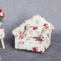 1:12 skala DIY mainan kayu rumah boneka Mini furnitur kecil bunga Sofa tunggal untuk kamar tidur ruang tamu Model pemandangan