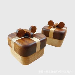 Wooden <b>Ring</b> <b>Box</b> Square Walnut Color Bow Shape Jewelry Display Gift <b>Box</b> For Wedding <b>Proposal</b> Birthday Holiday - Product Image 4