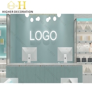 Meuble de présentation de comptoir de magasin de détail vert menthe et rose corail pour maquillage, vitrine de présentation de maquillage
