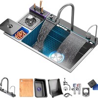 Évier de cuisine moderne intelligent noir brossé avec robinet cascade, évier en acier inoxydable fait main avec poubelle intégrée