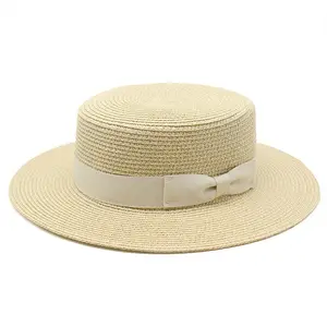 Bán buôn rộng vành Visor hat rơm lúa mì tự nhiên Flat Top boater hat với Ribbon Tie Bow