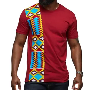 Custom African Print Kente Men's Short Sleeve T-shirt Maroon Breathable Polyester Fabric T-shirt On Demand Print Drop-shipping