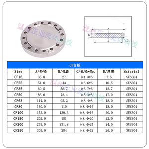 Bridas ciegas de acero inoxidable SUS304 CF16 CF25 CF35 CF50 CF63 CF80 CF100 CF150 CF200 CF250 para tuberías - Product Image 1