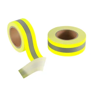批发反光织带黄色-条子-黄色织物缝在工作服用带状阻燃反光带上