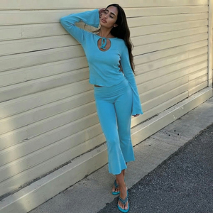 Y2K Solid Keyhole Tie Neck Flare Long Sleeve Top Cropped Capri Pants 2 Piece Outfit Women Slim Fitted Matching <b>Set</b> - Product Image 2