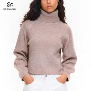 Fabricants de tricots pull matelassé à col haut personnalisé pull bloc de couleur avoine lavée pour femmes crop top