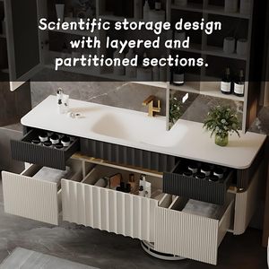 Mueble <span class=keywords><strong>de</strong></span> <span class=keywords><strong>Baño</strong></span> Moderno <span class=keywords><strong>de</strong></span> Lujo en Blanco y Negro, Montado en la Pared, con Cinco Cajones, Lavabo Integrado y Espejo Ovalado con Iluminación LED Inteligente - Product Image 2