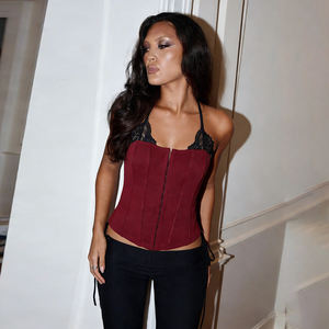 Vintage <b>Lace</b> Panel Halter Top-Sexy <b>Corset</b>-Inspired CAMIS with Slim Fit Crop Design Knitted - Product Image 5