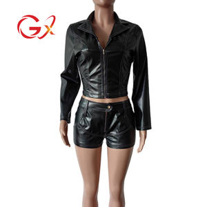 GX8619ファッション2024秋春服ブティックレディーストリートウェア長袖PUレザージャケットショーツ<span class=keywords><strong>2</strong></span>ピースセット - Product Image 3