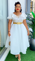 Robe de soirée de luxe pour femme musulmane africaine 2026, blanche, ornée de diamants, avec ceinture dorée, manches courtes, pour l'été K0416