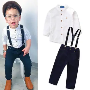 High quality 3pcs white blouse and navy pants baby boy set boutique clothes