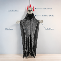 SIPKLR 47'' Fantôme squelette suspendu d'Halloween avec cheveux rouges style punk, accessoire effrayant pour la décoration extérieure de jardin et de maison hantée