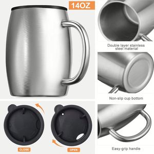 Custom logo 14oz Cold Drinks <b>Coffee</b> Cups With Spill Resistant Lid Strong Handle Stainless Steel Insulated Travel <b>Coffee</b> Mugs - Product Image 3