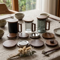 Couvre-tasses en bois, couvercles de tasses en bois personnalisés multi-tailles avec anneau en acier inoxydable, couvercle de remplacement pour tasses à thé avec poignée en bois