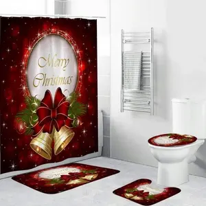 Set di tappeti da bagno con tenda da doccia di Natale 4 pezzi con tenda da doccia di lusso con tappeti antiscivolo