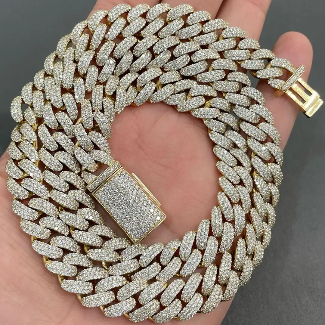 AAA GEMS 12MM Moissanite Cuban Link Chain 18K Gold Over Silver Iced Out Chain 3 Rows Men Hip Hop Cuban Link Necklace