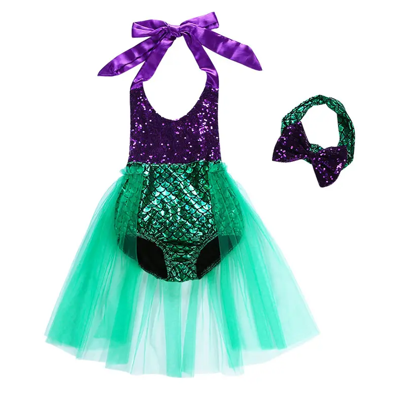 Bañadores de una pieza para niña, vestido de tul para playa, trajes de baño, peleles de sirena, traje de baño con diadema, MMTS-012