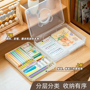 Transparent Double Layer Pen Storage Box Plastic Square Desktop Organizer For Office Supplies With Lid And Handle - Product Image 5