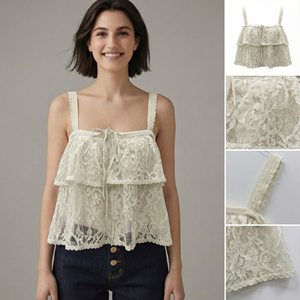 2026 Coquette Aesthetic <strong>Cream</strong> Lace Layered Camisole <strong>Top</strong> Women Sweet Ruffle Tie Front Square Neck Fairycore <strong>Crop</strong> <strong>Top</strong> - Product Image 1