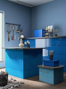 Carrelage mural décoratif artisanal en céramique, bleu ciel brillant, 12'' (300x300mm), à rainures, pour intérieur et façade de bar - Product Image 6