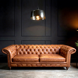 Sofá Chesterfield de Cuero Imperial de Grano Completo Personalizado, 3 Plazas, Estilo Mid-Century, Cuero Genuino <span class=keywords><strong>Vintage</strong></span> para Apartamento, Villa u Hotel - Product Image 1