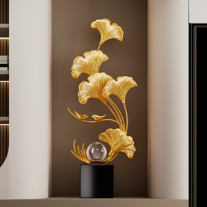 Escultura Metálica de Hoja de Ginkgo con Bola de Cristal Dorada, Decoración de Arte Moderno para Sala de Estar, Entrada, Mueble de TV - Product Image 1