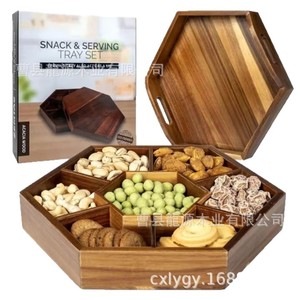 Caja vintage de madera de acacia para frutos secos con tapa, plato de madera para aperitivos, semillas de melón, dulces y frutos secos, plato de aperitivos con múltiples compartimentos. - Product Image 2