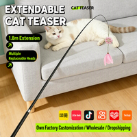 Vente en gros directe usine : Baguette de jeu pour chat avec manche rétractable de 1,8 m, tête de remplacement en plumes et clochette, pour le jeu des chats