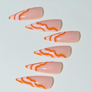 Faux ongles à presser style européen et américain, motif vague orange, design français minimaliste, amovibles, vente en gros - Product Image 4