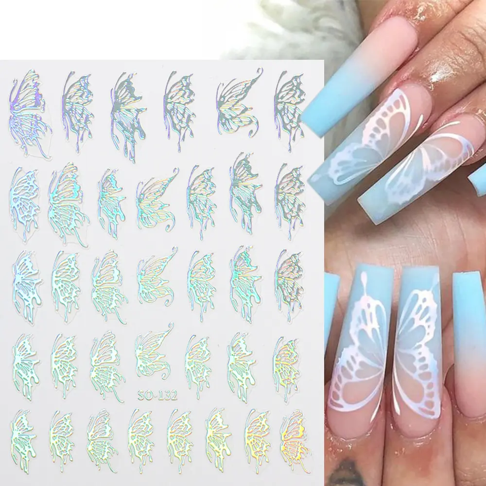 Free Shipping French Nail 3D Self-Adhesive Star Love Nail Decals Holographic Laser Droplet Butterfly Flame Sticker Nails
