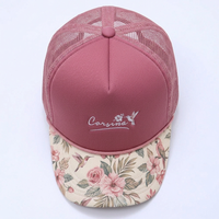 Gorra de camionero de espuma personalizada, rosa malva con estampado floral, visera con cuerda, malla trasera, bordado, visera curva, estructurada, estilo retro, gorra de béisbol