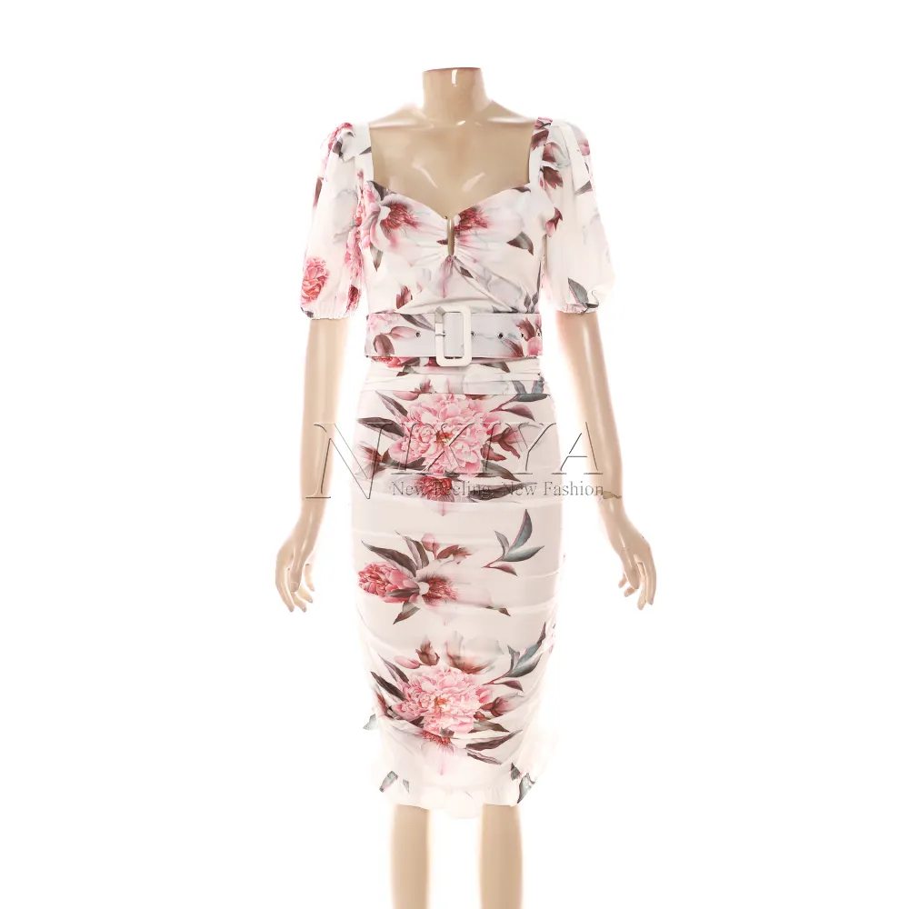حار بيع الشيفون المطبوع الأزهار الصيفية المرأة الكشكشة فستان تصميم فستان للسيدات