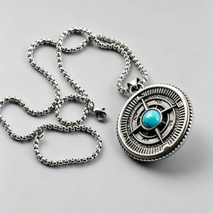 Yunnique – collier avec pendentif boussole en argent tibétain pour hommes, avec incrustation de turquoise, design géométrique, pour chaîne de pull à la mode, cadeau - Product Image 1
