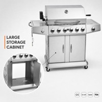 Barbecue à gaz en acier inoxydable 6 brûleurs avec armoire de rangement et grilles en fonte pour fêtes en plein air