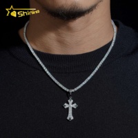 Pendentif en argent S925 plaqué or blanc, motif croix, serti de diamants de laboratoire, style hip-hop, bijoux religieux
