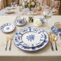 Assiettes en céramique imprimées de fleurs vintage modernes, vaisselle de luxe en porcelaine à bord festonné, ensembles de vaisselle pour restaurant, traiteur, mariage