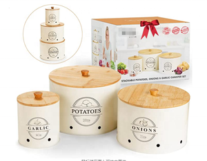 Home Storage New Style Round Metal Home Kitchen Storage Bins With Bamboo Lids For Potato Onion Garlic Storage White