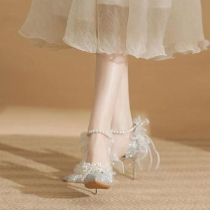 New Customized Large Bowknot Ladies High <strong>Heel</strong> <strong>Sandals</strong> Pearl Chain Decoration Wedding Shoe - Product Image 4