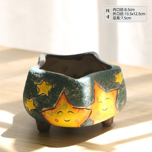 Jardinière Céramique Peinte à <span class=keywords><strong>la</strong></span> Main Effet Ciel Étoilé, Pot à Fleurs <span class=keywords><strong>en</strong></span> Céramique Grossière Grande Ouverture <span class=keywords><strong>en</strong></span> Forme d'Étoile/<span class=keywords><strong>Lune</strong></span>, Plante Succulente Respirante pour Bureau - Product Image 2