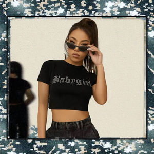 T-shirts en coton pour femmes, coupe ajustée, manches courtes, décontractés d'été, avec logo ou texte personnalisé et décoration de diamants - Product Image 3