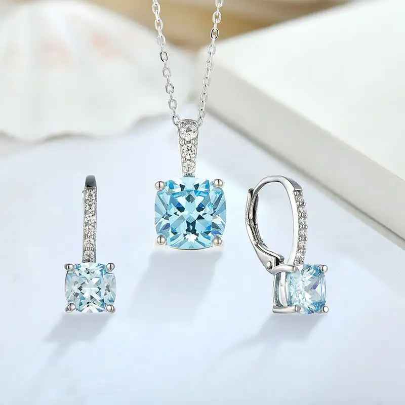 Partij Sieraden Voor Vrouwen Echt 925 Sterling Zilveren Kussen Cut Londen Blue Topaz Solitaire Oorbellen Ketting Sieraden Set